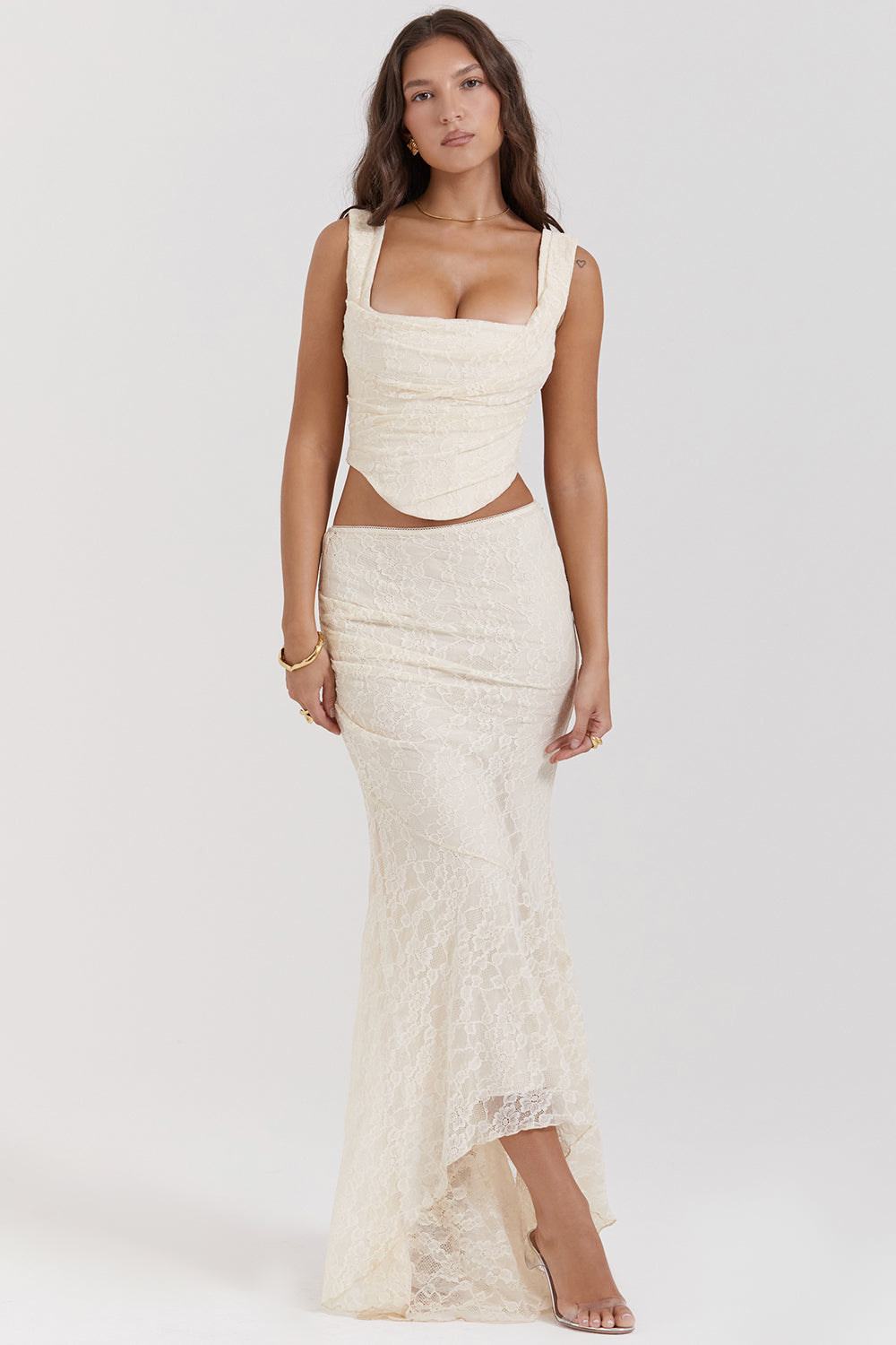 Bee Two-Piece Set | Women’s Cream Lace Corset and Flowing Maxi Skirt in Vintage Style