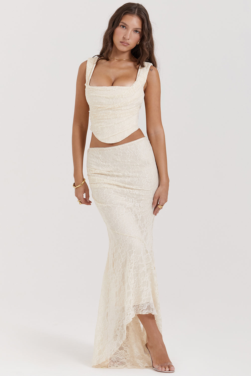 Bee Two-Piece Set | Women’s Cream Lace Corset and Flowing Maxi Skirt in Vintage Style