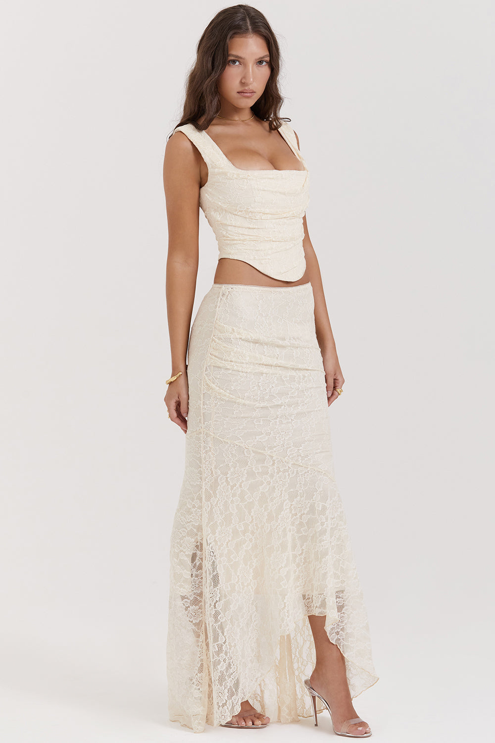 Bee Two-Piece Set | Women’s Cream Lace Corset and Flowing Maxi Skirt in Vintage Style