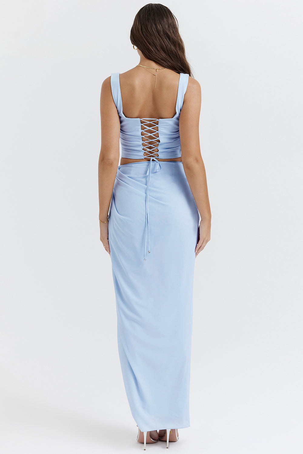 Bella Two-Piece Set | Women’s Soft Blue Corset and Flowy Maxi Skirt